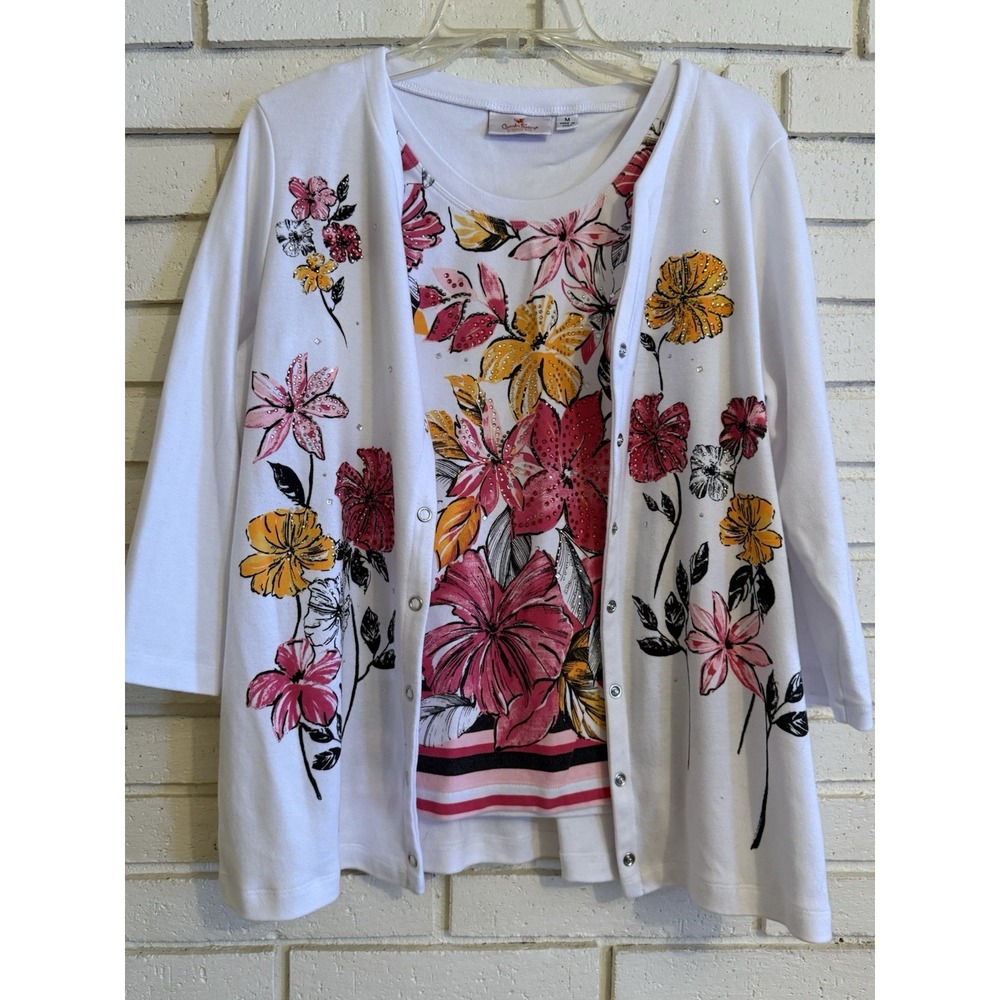 Quacker Factory Floral Print 3/4 Sleeve Knit Twinset White Floral Sz Medium